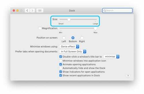 Skärmdump av fönstret Dock System Preferences som markerar skjutreglaget Storlek