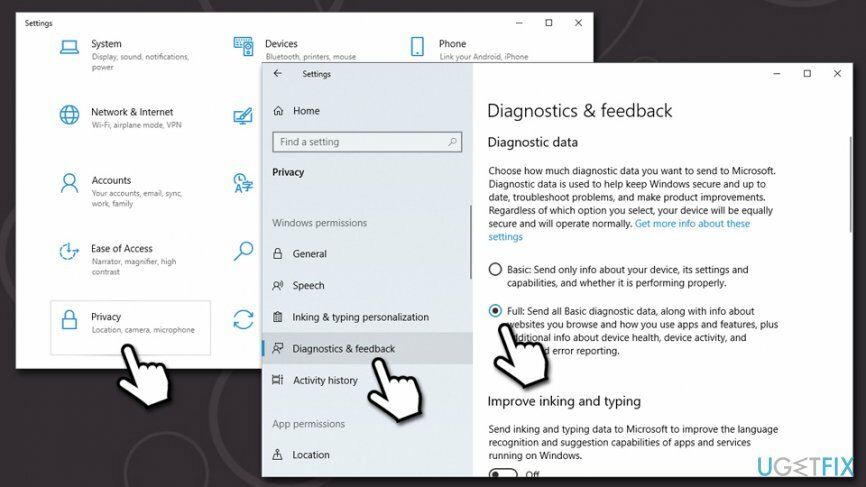 Establezca los datos de uso y diagnóstico en Completo a través de Configuración