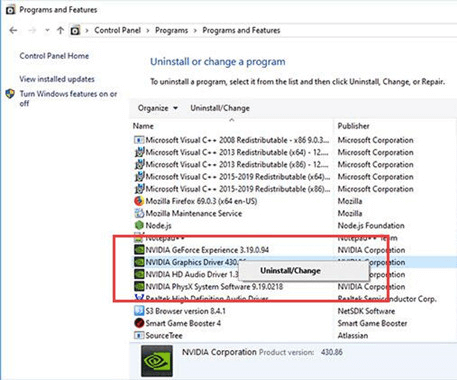 NVIDIA Corporation dan pilih opsi Uninstall