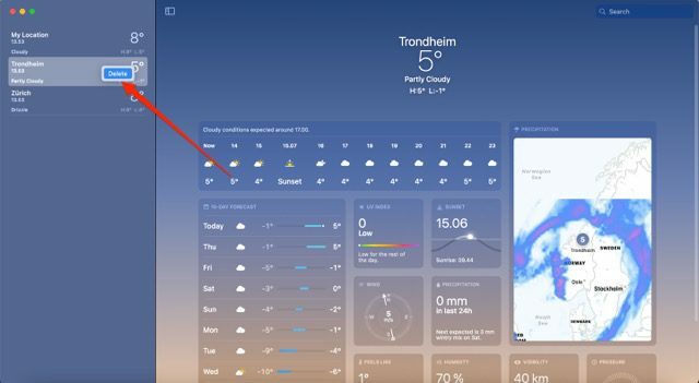 Екранна снимка, показваща как да изтриете местоположение в приложението Weather на Mac