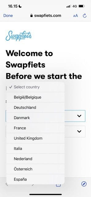 zrzut ekranu pokazujący, jak wybierać lokalizacje na stronie startowej swapfiets