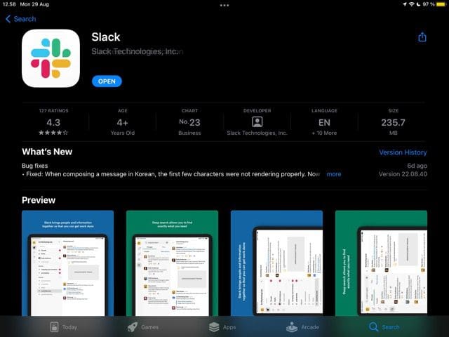 ภาพหน้าจอของแอพ Slack บน App Store