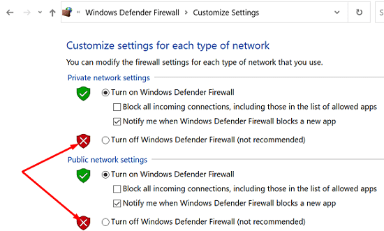 izslēdziet Windows Defender ugunsmūri