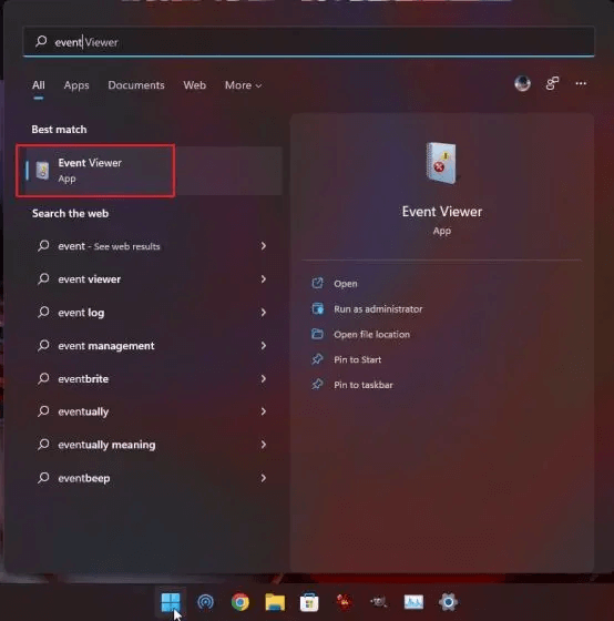 Pretražite Preglednik događaja u Windows 11 pretraživanju