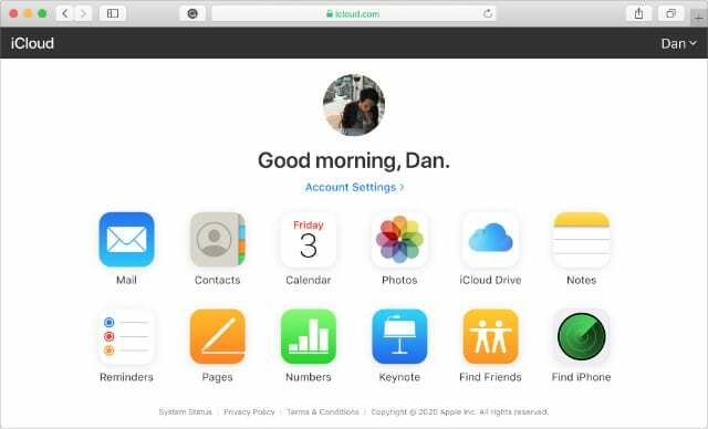 Начална страница на iCloud, показваща опцията Намери iPhone