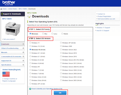 Sélectionnez la famille de système d'exploitation et la version compatible