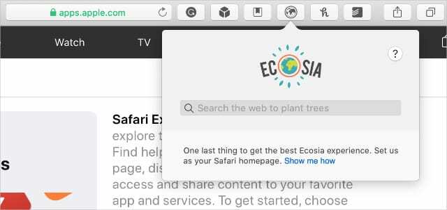Safari-tillägg i verktygsfältet som visar Ecosia-fönstret