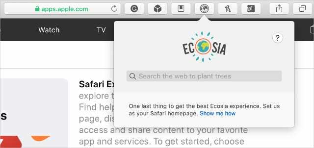 Ecosia penceresini gösteren araç çubuğunda Safari uzantıları