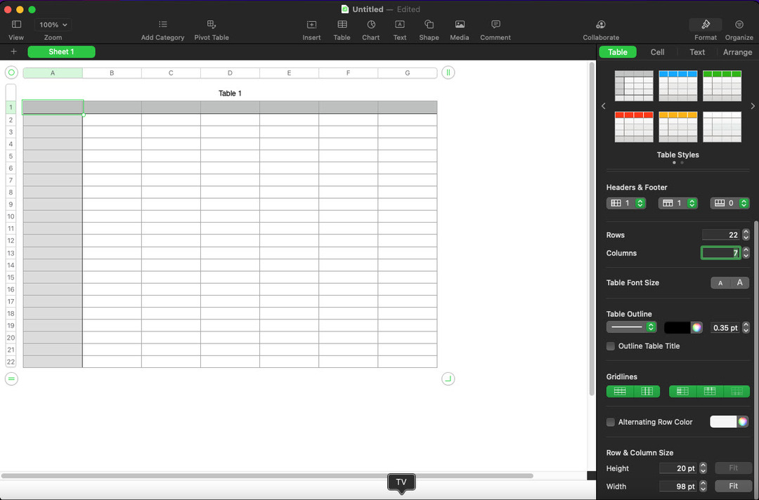 Numbers UI على Mac