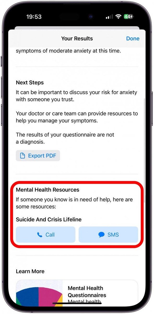 Tryk på Udført for at vende tilbage til hovedmenuen Mental Wellbeing i Health-appen.
