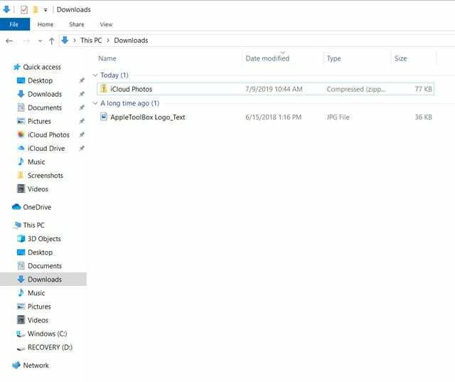 Folder unduhan foto iCloud.com di Windows