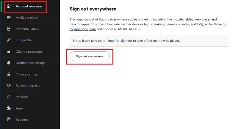 Spotify 계정 개요 - 어디서나 로그아웃
