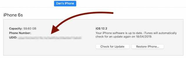 Section UDID dans la page de résumé de l'appareil iTunes.