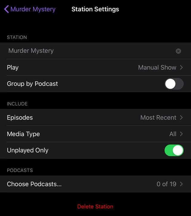 Einstellungen für Podcast-App-Stationen