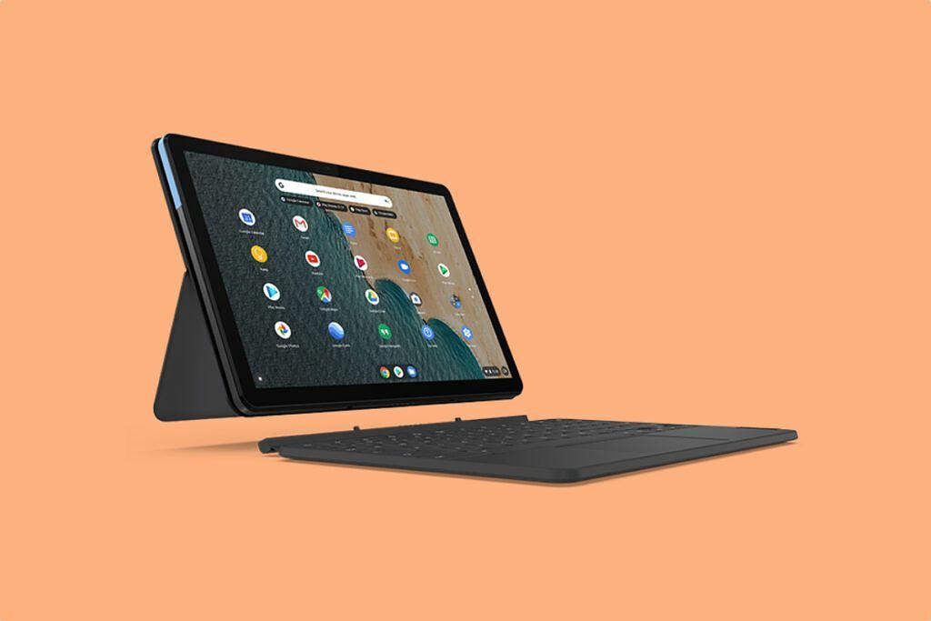 Lenovo Chromebook Duet auf orangefarbenem Hintergrund
