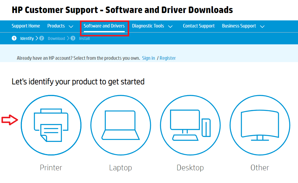 Klik på printerkategori, når du bliver bedt om at identificere dit produkt