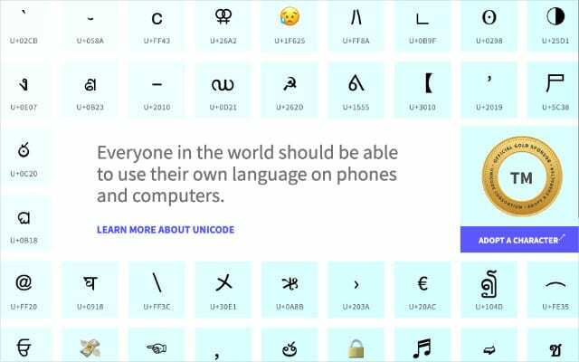 Unicode znaky a kódy z webu Unicode