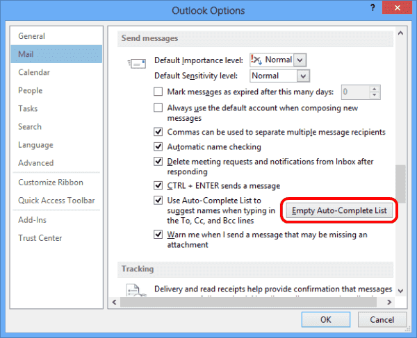 Outlook 2013 Prázdné tlačítko automatického dokončování