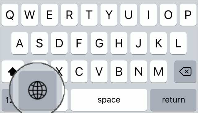 Selector de tastatură cu pictogramă glob pe tastatura iPhone