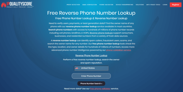 IPQualityScore bezplatné spätné vyhľadávanie telefónneho čísla