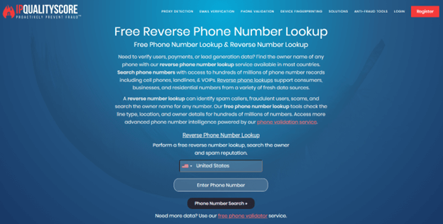 IPQualityScore'i tasuta telefoninumbri pöördotsing