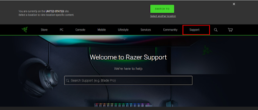 Kliknite na Support – Razer Official Website