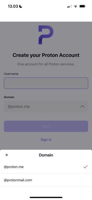 Snímka obrazovky ukazujúca, ako si vybrať doménu na ProtonMail