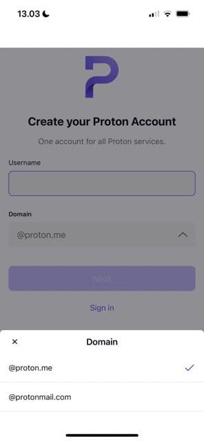 Cuplikan layar menunjukkan cara memilih domain di ProtonMail