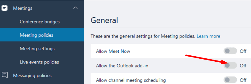 Permitir las políticas de reuniones del complemento de Outlook Microsoft teams