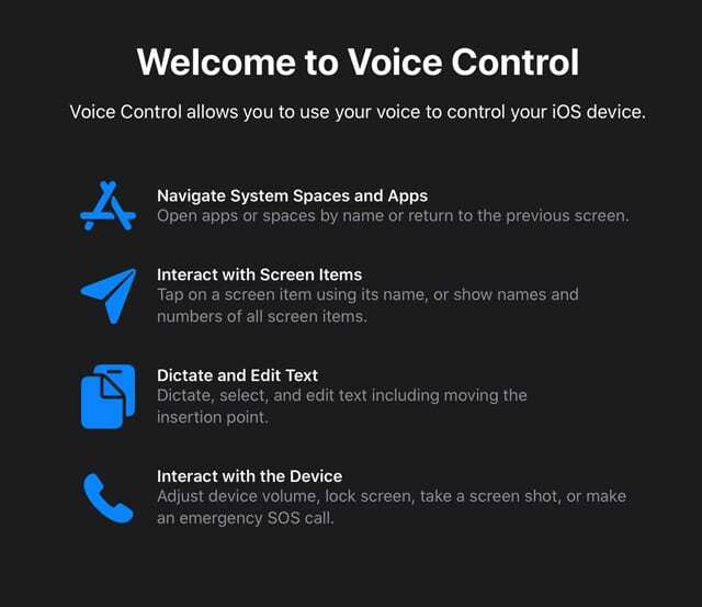 ברוכים הבאים למסך הפתיחה של שליטה קולית עבור iOS 13 ו- iPadOS
