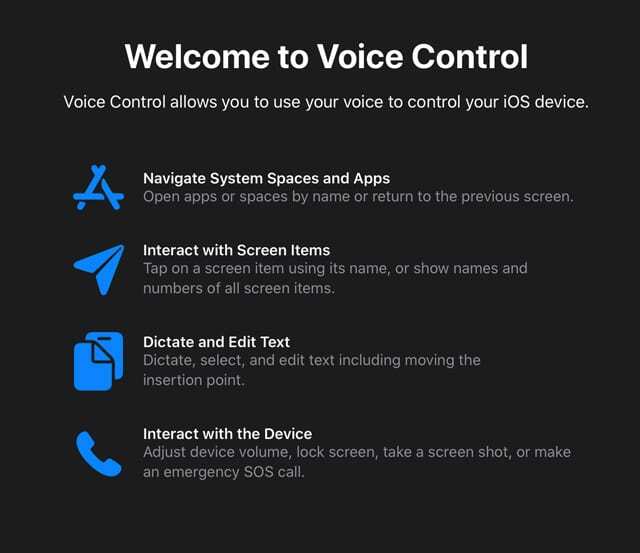 bem-vindo à tela inicial do controle de voz para iOS 13 e iPadOS