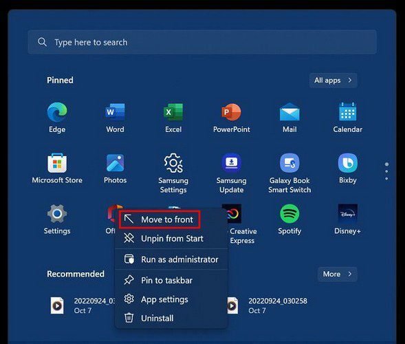 Premakni se na sprednji meni Start sistema Windows 11