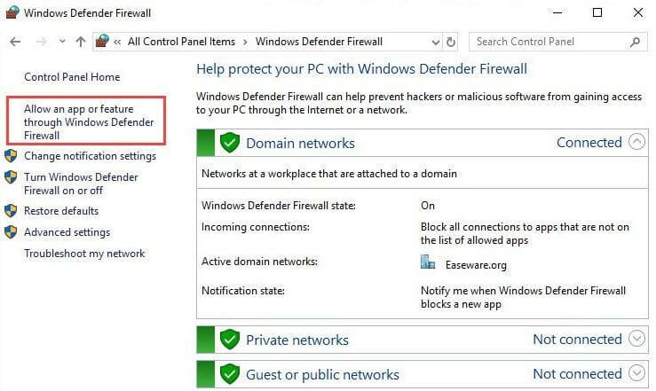 Klicken Sie auf „App oder Funktion durch die Windows Defender-Firewall zulassen“.