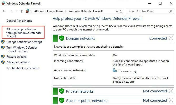 Натисніть Дозволити програму або функцію через брандмауер Windows Defender