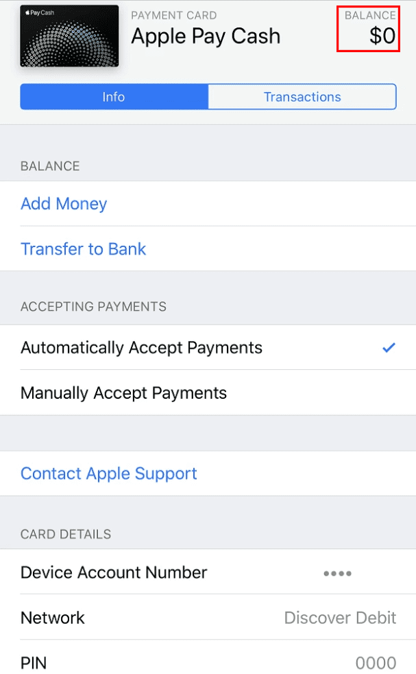 L'interfaccia utente di Apple Pay Cash