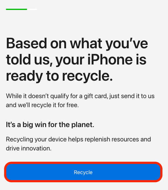 clique em reciclar para iniciar o processo de reciclagem do seu iphone