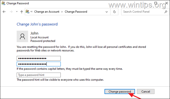 réinitialiser le panneau de configuration du mot de passe