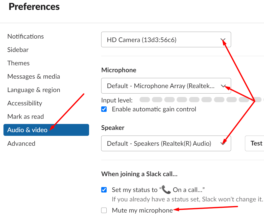 Slack Audio- und Videoeinstellungen