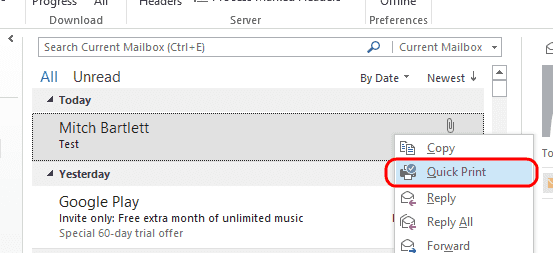 Opzione di stampa rapida di Outlook 2013