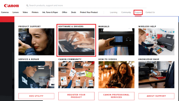 เมนู Canon Support และคลิกที่ Software and Drivers
