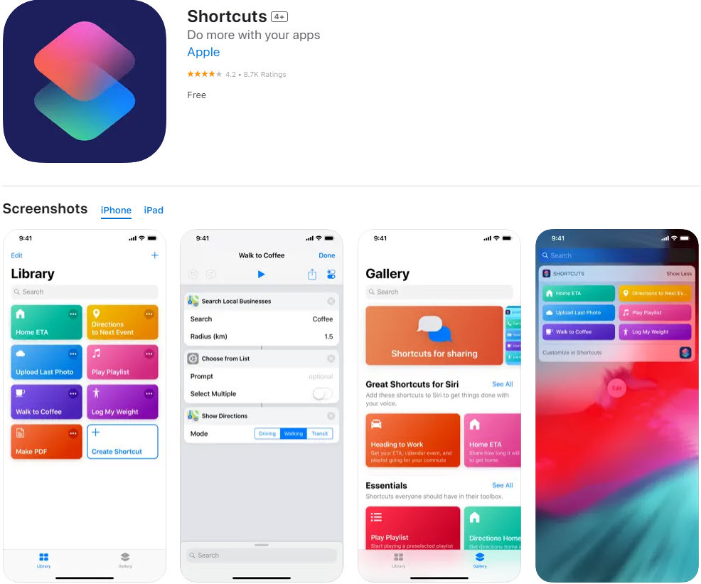 Aplikace Zkratky v App Store