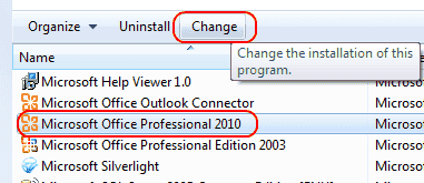 Променете инсталирането на Word 2010
