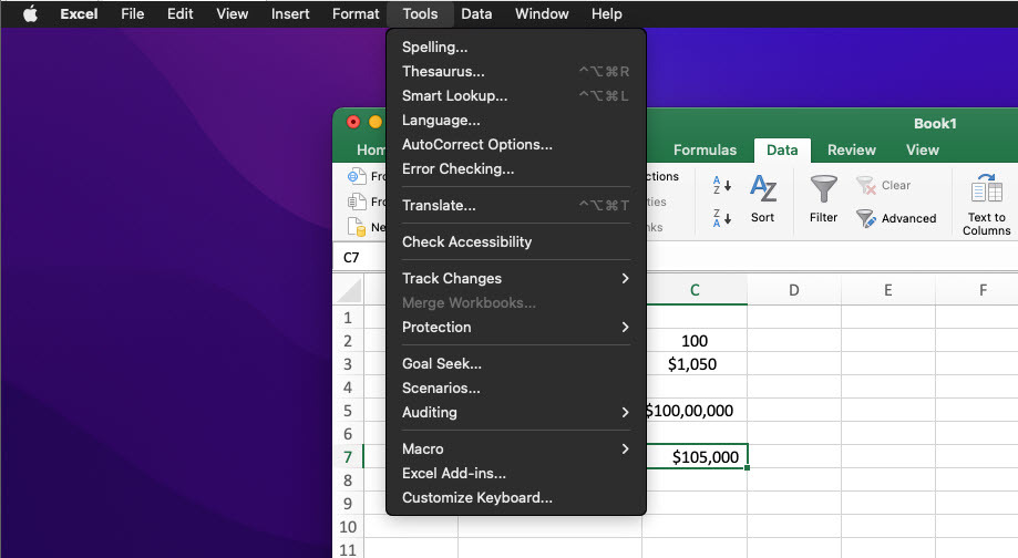 Excel-sovellusvalikko macOS: ssä ja siirtyminen Työkalut-kohtaan