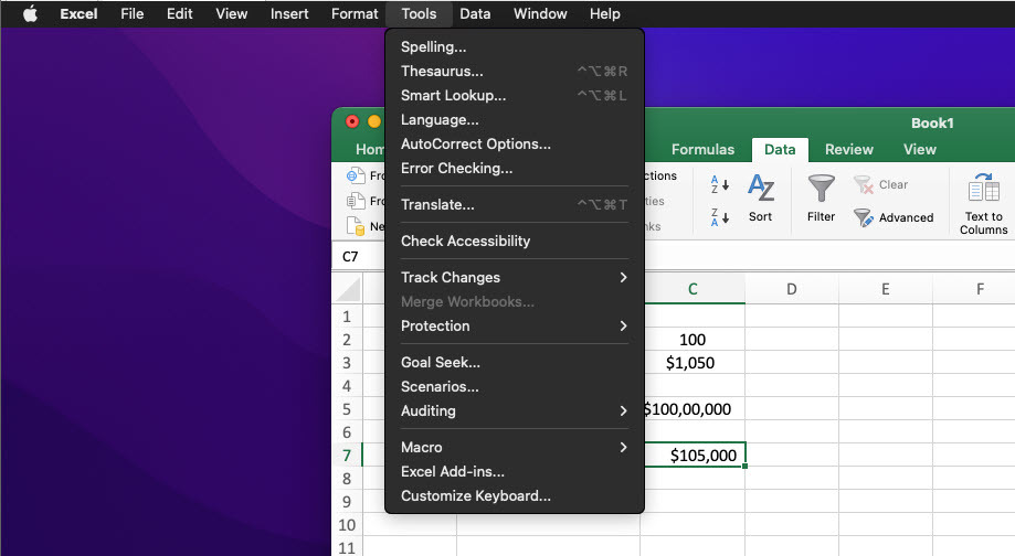 O menu do aplicativo Excel no macOS e indo para as ferramentas