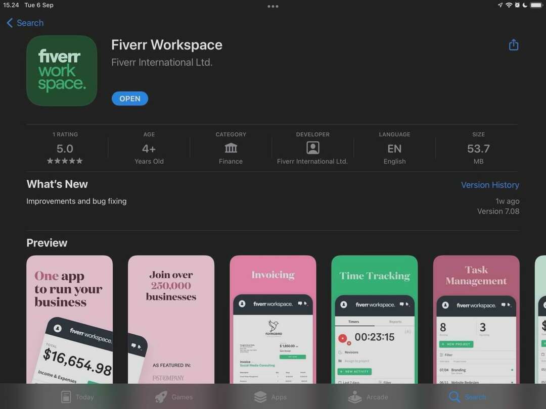 Kuvakaappaus Fiverr Workspace -sovelluksesta App Storessa