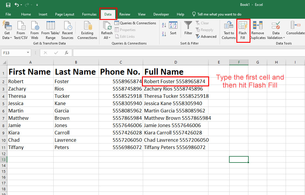 Sådan kombineres to kolonner i Excel ved hjælp af Flash Fill