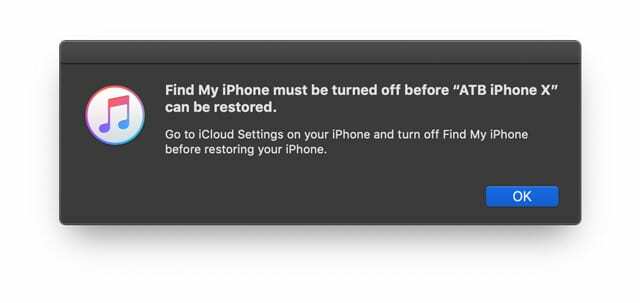 आइट्यून्स द्वारा iPhone iPad iPod को पुनर्स्थापित करने से पहले Find My iPhone को बंद कर देना चाहिए