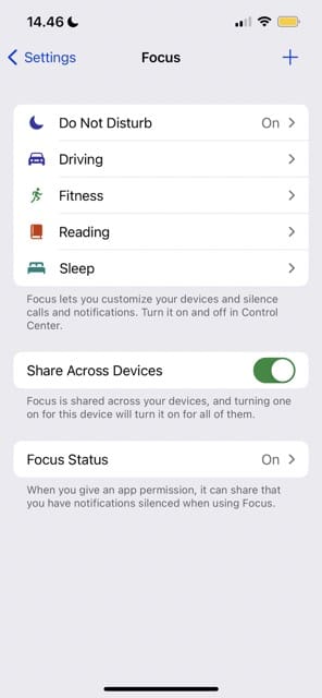 Zrzut ekranu przedstawiający główny ekran trybu ostrości w systemie iOS