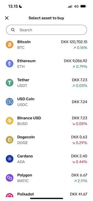 Coinbase에서 구매할 자산 목록을 보여 주는 스크린샷