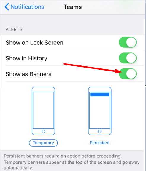 Powiadomienia Microsoft Teams jako banery iphone
